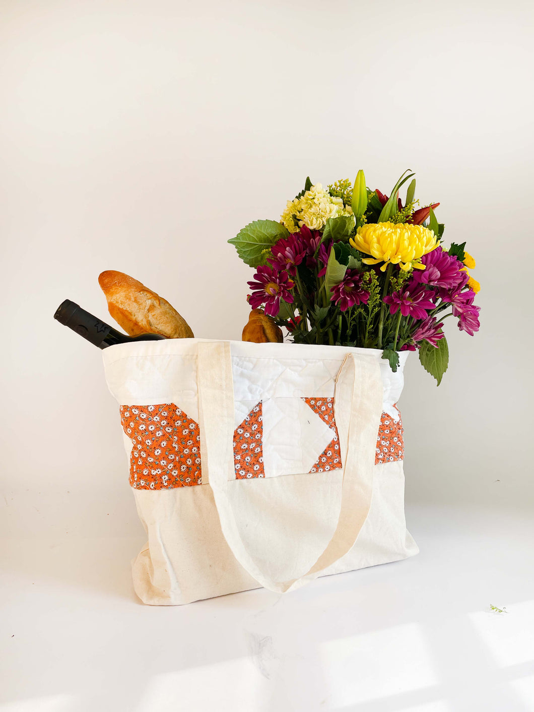 White and Orange Recycled Quilt Canvas Bag